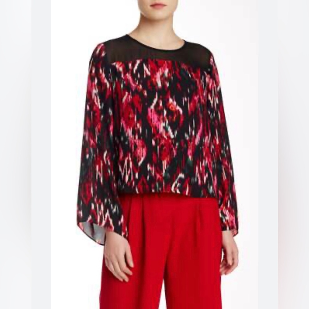 Vince Camuto Black Red And Pink ‘Ikat Flickers' Bell Sleeve Mesh Blouse Size L